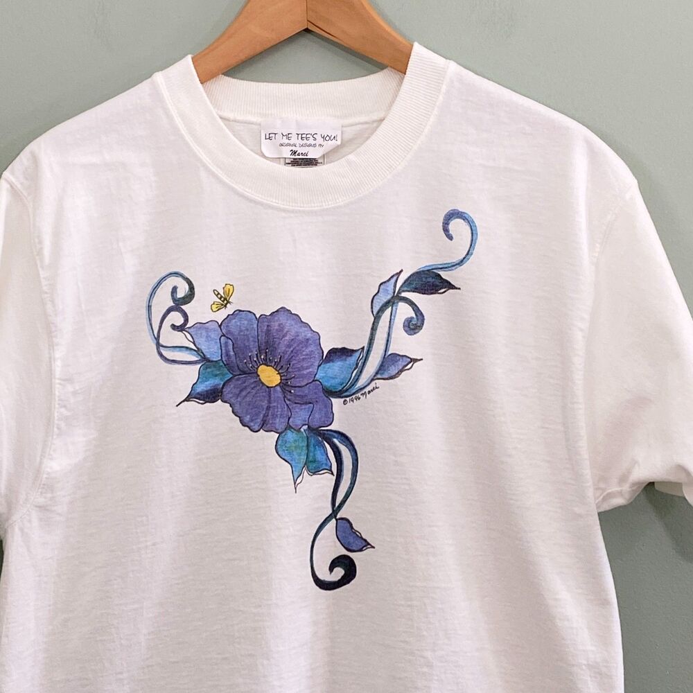 Vintage Flower T Shirt Womens Medium White Airbrush 90s Cotton